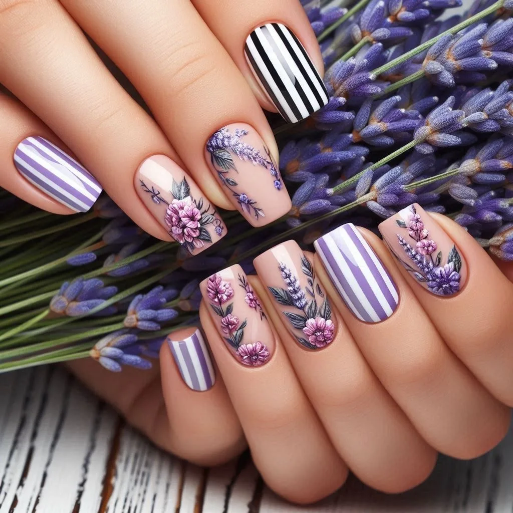 Faux ongles moyens pour femmes et filles, dégradé de fleurs bleues violettes, papillon, flamant rose, pointes carrées en amande, presses sur faux nail art