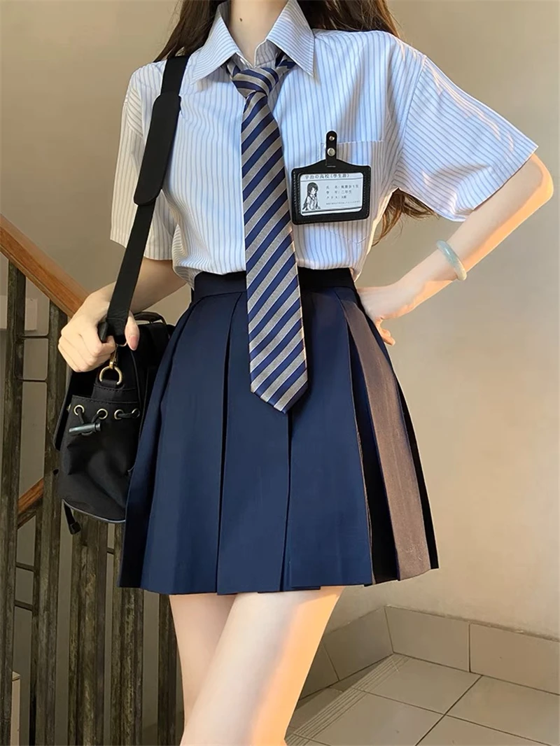 Conjunto completo de saia plissada e camisa grande listrada feminina, conjunto uniforme JK, manga comprida, curto, solto, casual, estilo universitário, americano