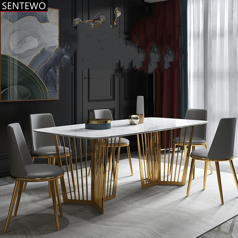 SENTEWO Luxury Marble Kitchen Dining Table With 8 Chairs Set Metal Titanium Glaze Base Dinner Table Chair Mesas Com 4 Cadeiraa