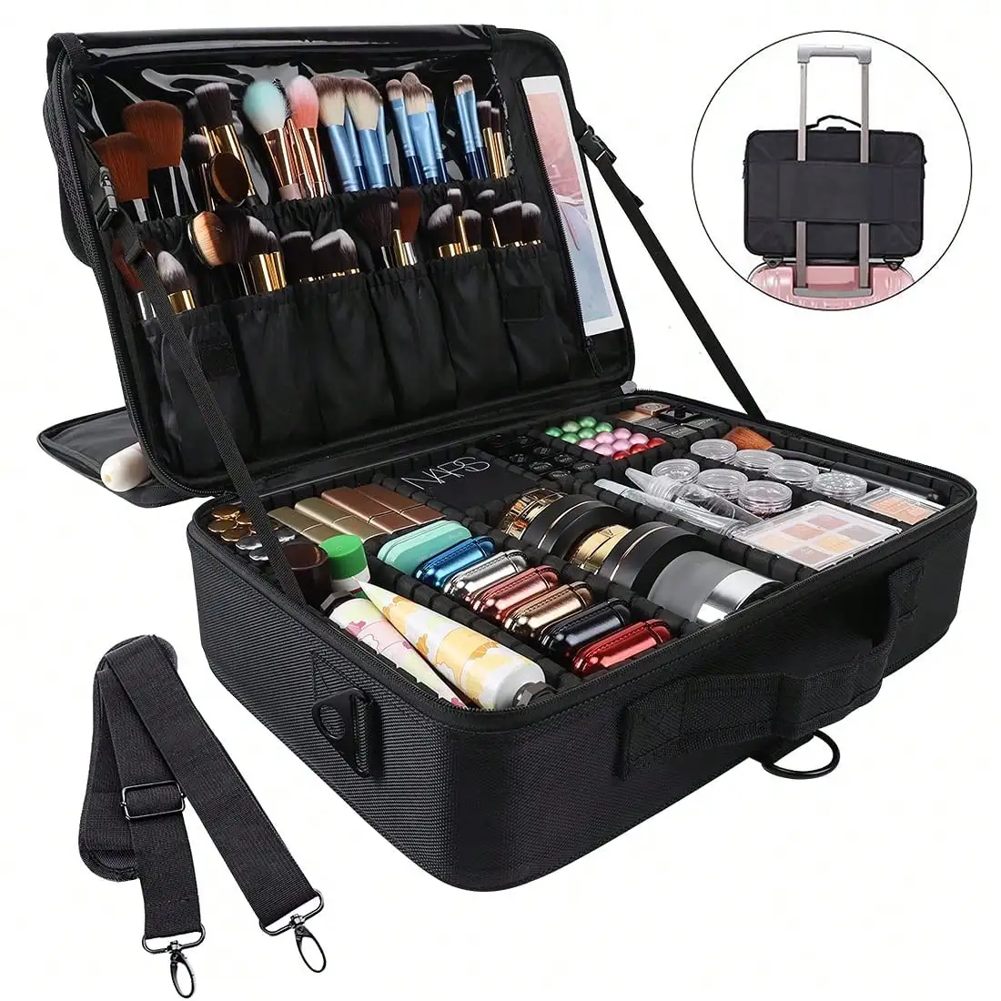 Large Capacity Travel Cosmetic Bag, Waterproof Portable Travel Cosmetic Bag, Portable Cosmetic Bag With Adjustable Dividers And Shoulder Straps To Store Makeup And Jewelry Digital Accessories Cosmetics Travel Toiletries Storage Box