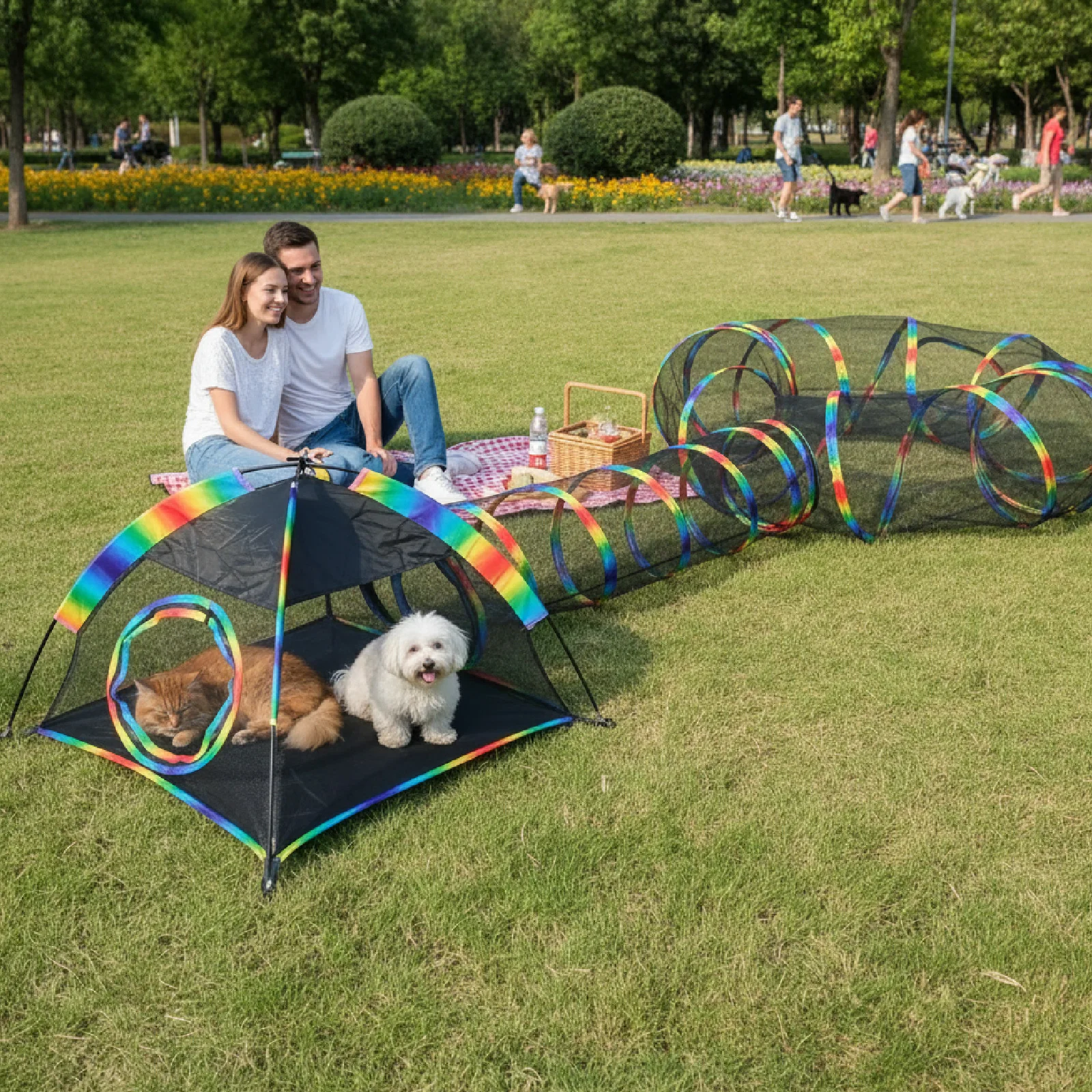 

Rainbow Cat Enclosure Outdoor Portable Mesh Tent Tunnel Game House Indoor/Outdoor Playground for Multiple Small Animals