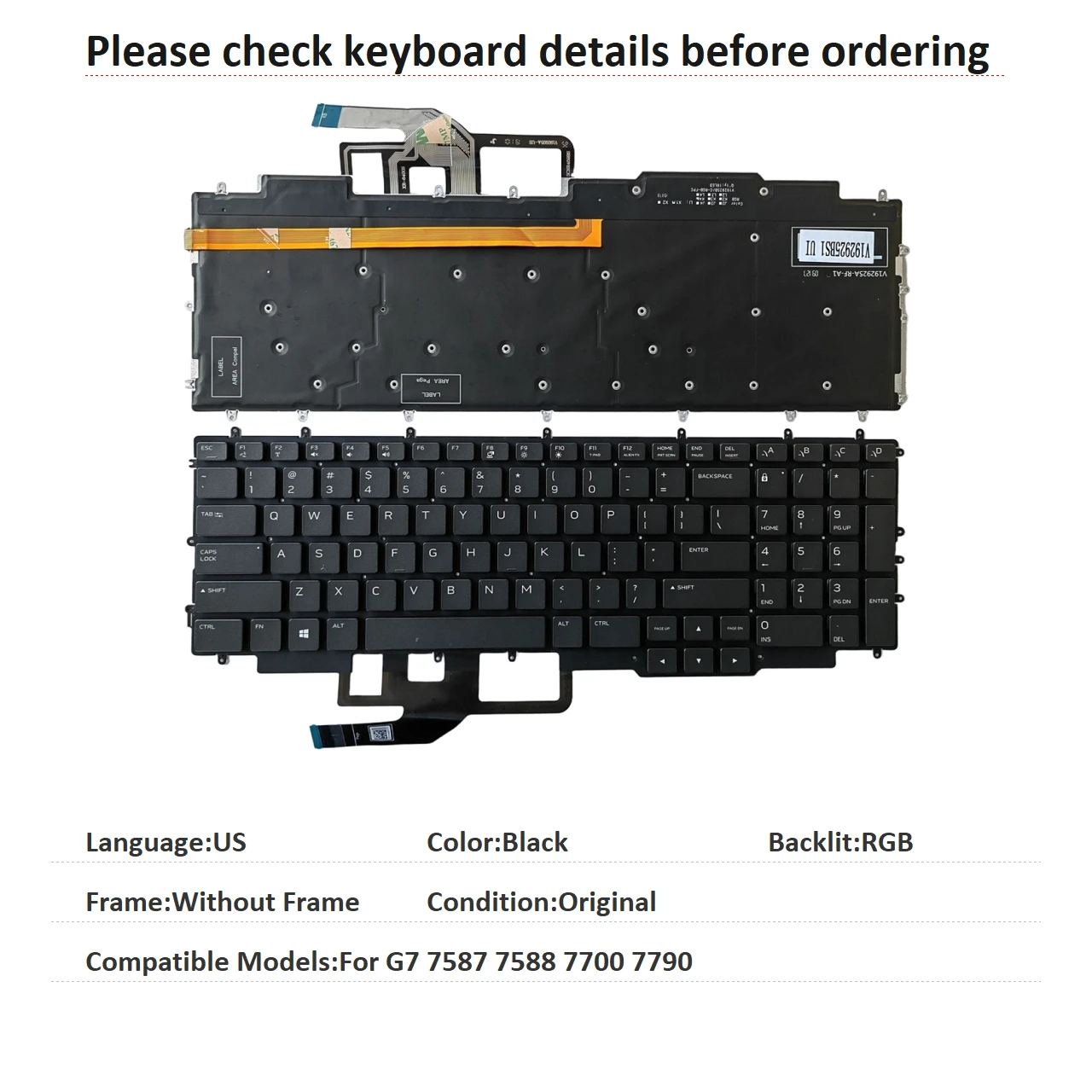 New US Language  RGB Backlit Keyboard For Dell G7 7587 7588 7700 7790 Notebook PC Replacement Keyboard