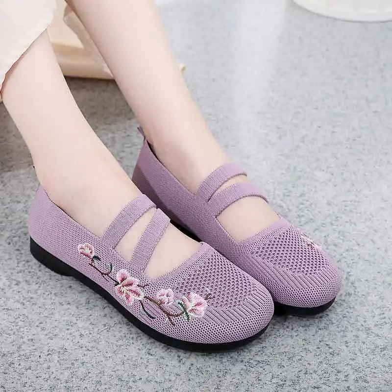 

Purple Emboridery Flower Mary Janes Shoes for Women Comfy Summer Mesh Loafers Ladies Casual Ballet Flats Mom Gift Shoes