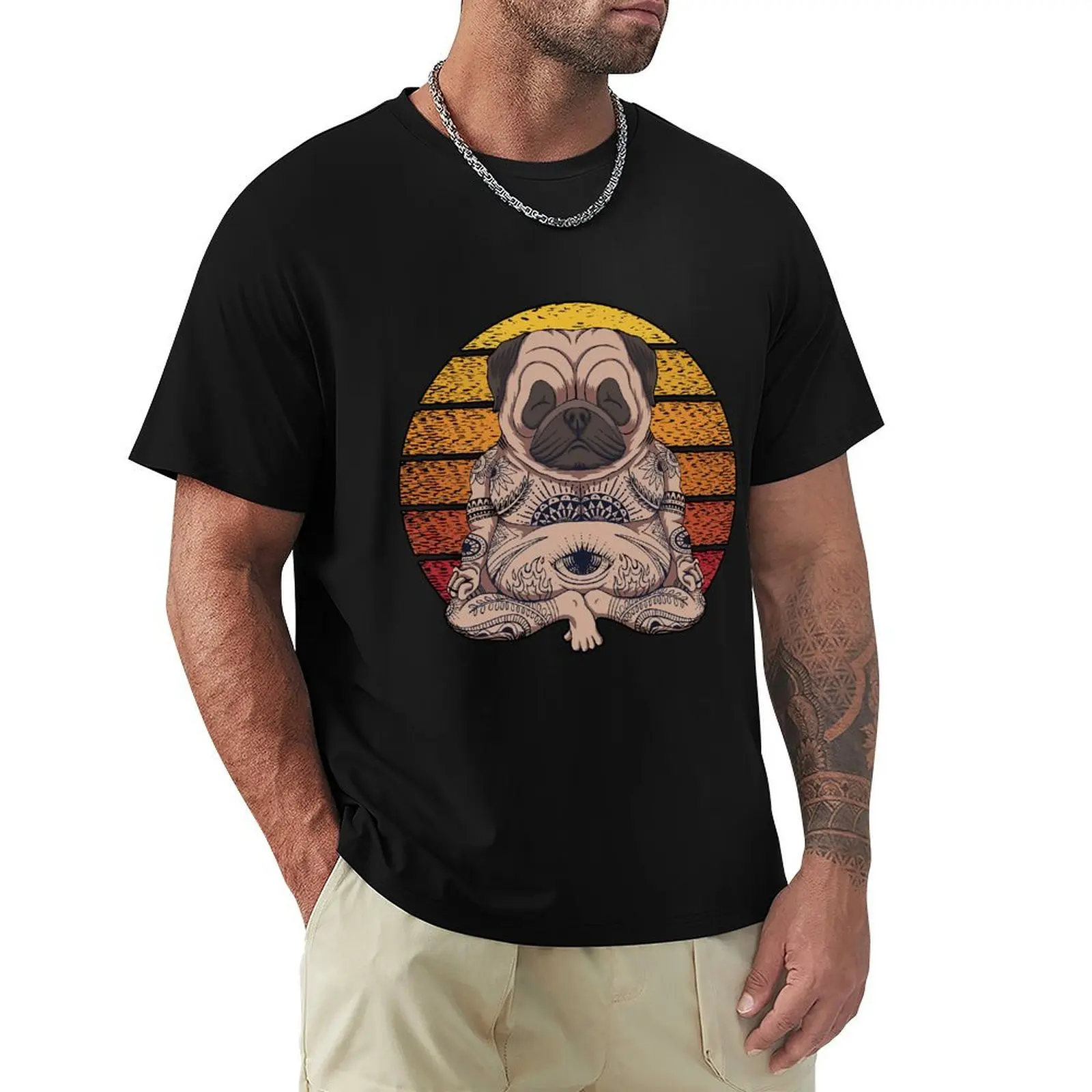 

Yoga Pug Dog Sunset Retro T Shirt Harajuku Short Sleeve T-shirt 100% Cotton Graphics Tshirt Tops