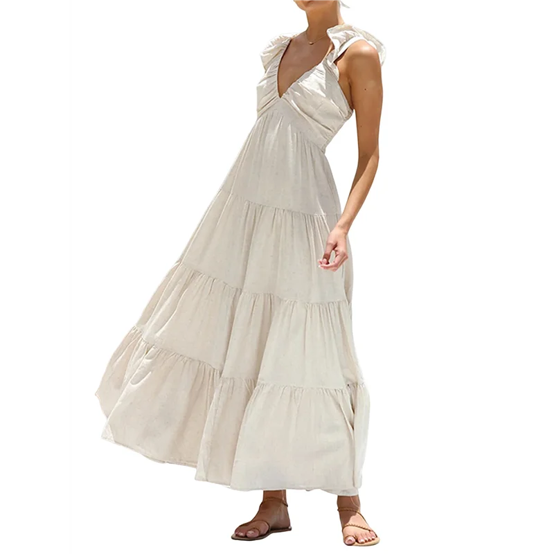 ASDS-Abito lungo fluido estivo da donna, casual, senza maniche, con scollo a V, smock, prendisole da spiaggia