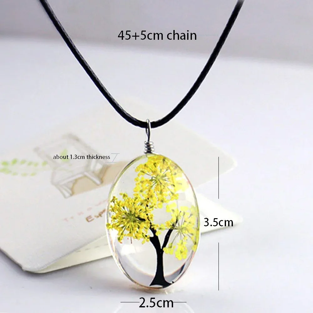 Handmade Tree Like of Life Dried Flower Necklace Resin Dome Glass Cabochon Flower Tree Pendant Necklace for Women Girls