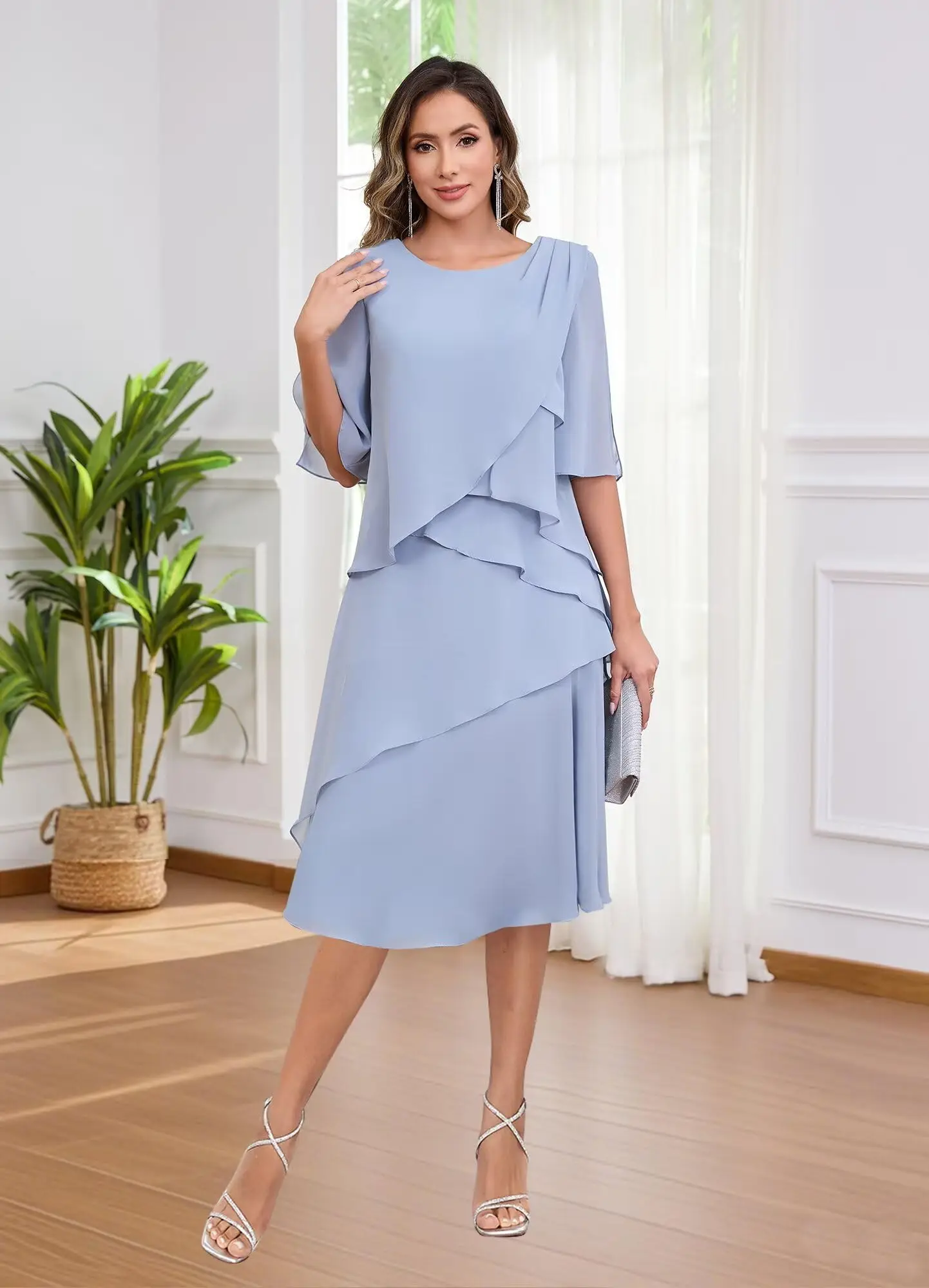 Tiered Chiffon Mother of The Bride Dresses for Women Short Sleeve Tea Length Wedding Guest Dress