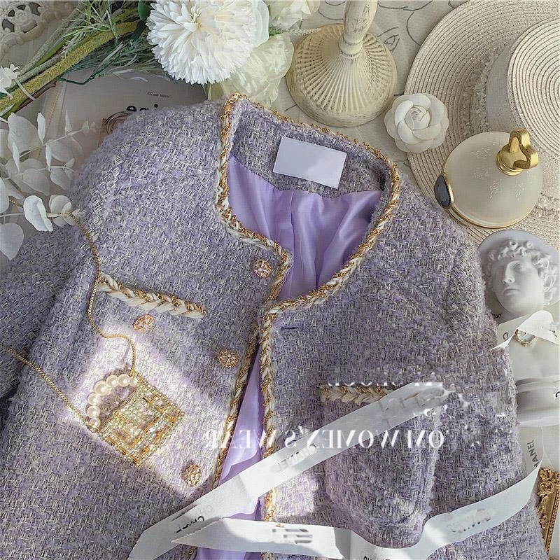 Small Fragrant Lavender Purple Tweed Short Coat Women\'s Autumn and Winter 2023 New High Sense Coats Jacket Female & Lady Cloth