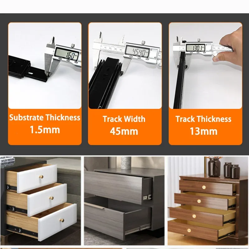 1.5mm Thick Black Steel Heavy-Duty Drawer Slides Three-Section Full Extension Universal Load-Bearing Rails for Cabinet Furniture