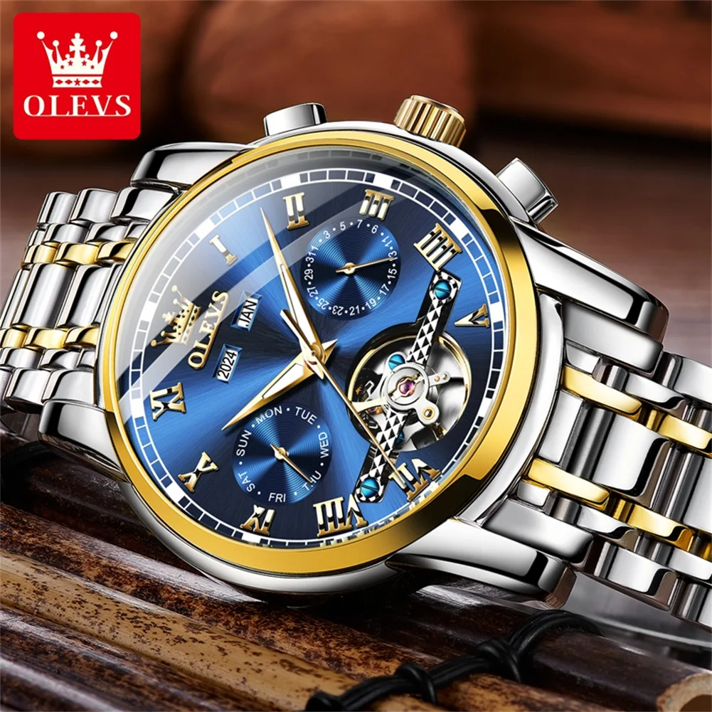 OLEVS 6607 Classic Men\'s Watch Tourbillon Design Date Year Stainless steel Waterproof Man Wristwatch