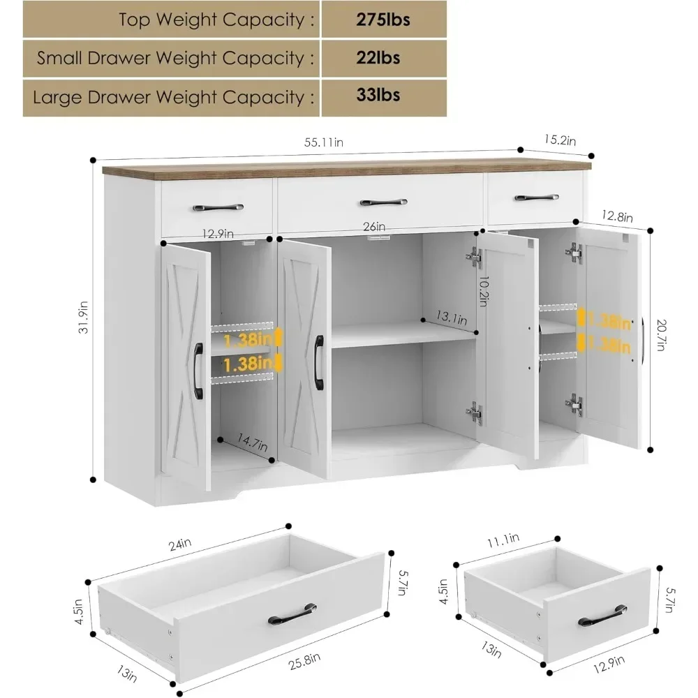 Mobiletto con cassetti, credenza grande da 55 pollici con ripiani e ante, mobiletto moderno da bar per caffè in fattoria