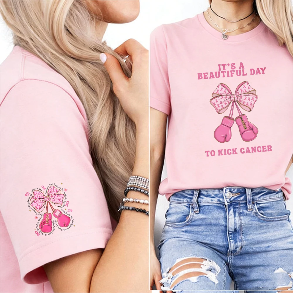 It's A Beautiful Day To Kick Cancer Bow Boxing Gloves T-Shirt Matching Bow Boxing Cuff Print Breast Cancer Warrior Casual Tees