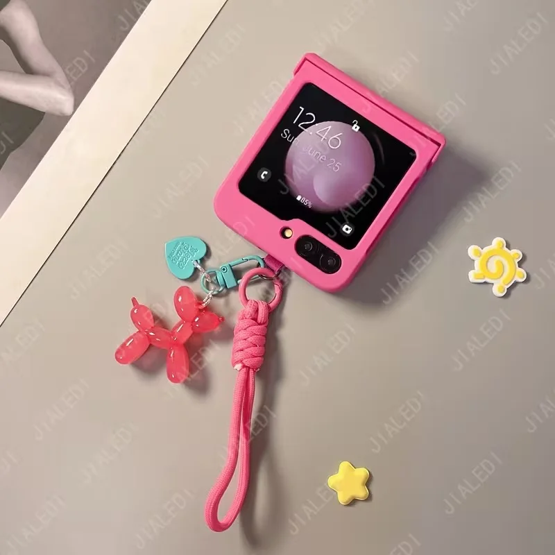 Cute Jelly Color Dog Pendant Plain Knot Strap Hinge Phone case For Samsung Galaxy Z Flip 8 7 6 5 4 3 flip6 zflip7 7FE Cover