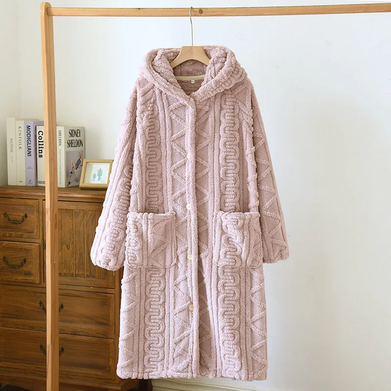 Thickened Winter Long Plush Robes Warm Soft Hooded Nightgown Unisex