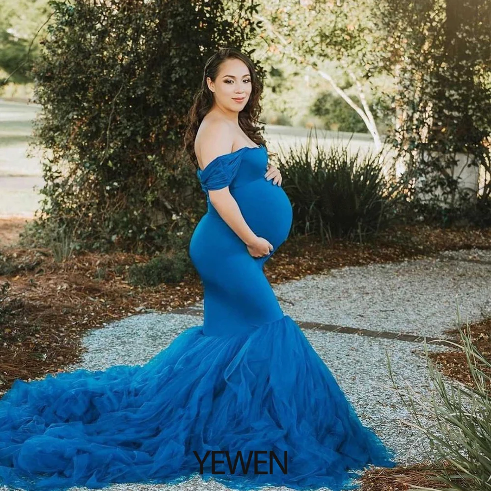 

Mermaid Maternity Evening Dress Long Prom Gown for Women Photo Shoot Short Sleeve Stretch Fabric YEWEN YW2076