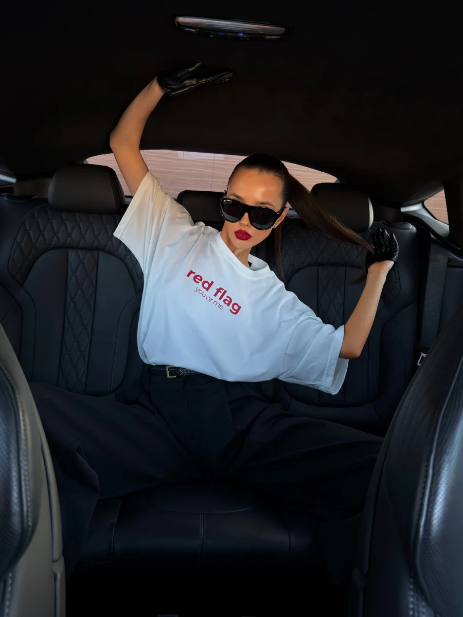 2026 Summer Cotton Tee for Women Loose Oversized Red Flag Text Print Breathable Casual Streetwear Top