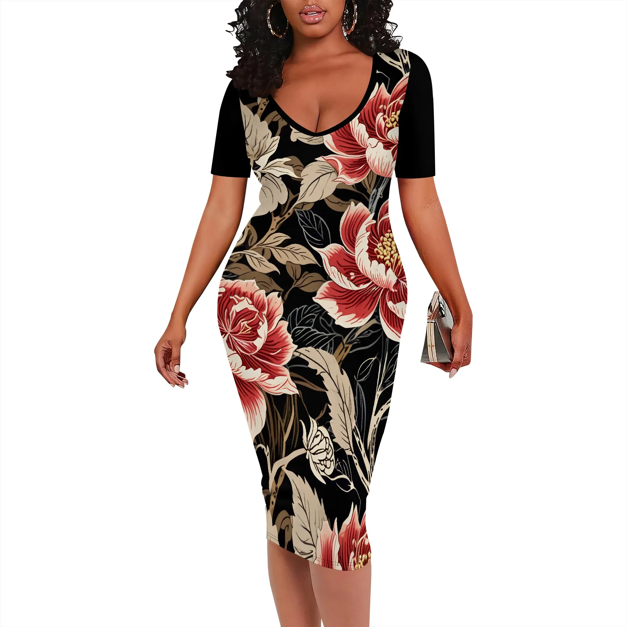 

Women's Summer Casual Sexy Bodycon Short Sleeve Deep V Neck Slim Stretchy Cocktail Party Club Midi Pencil Dresses