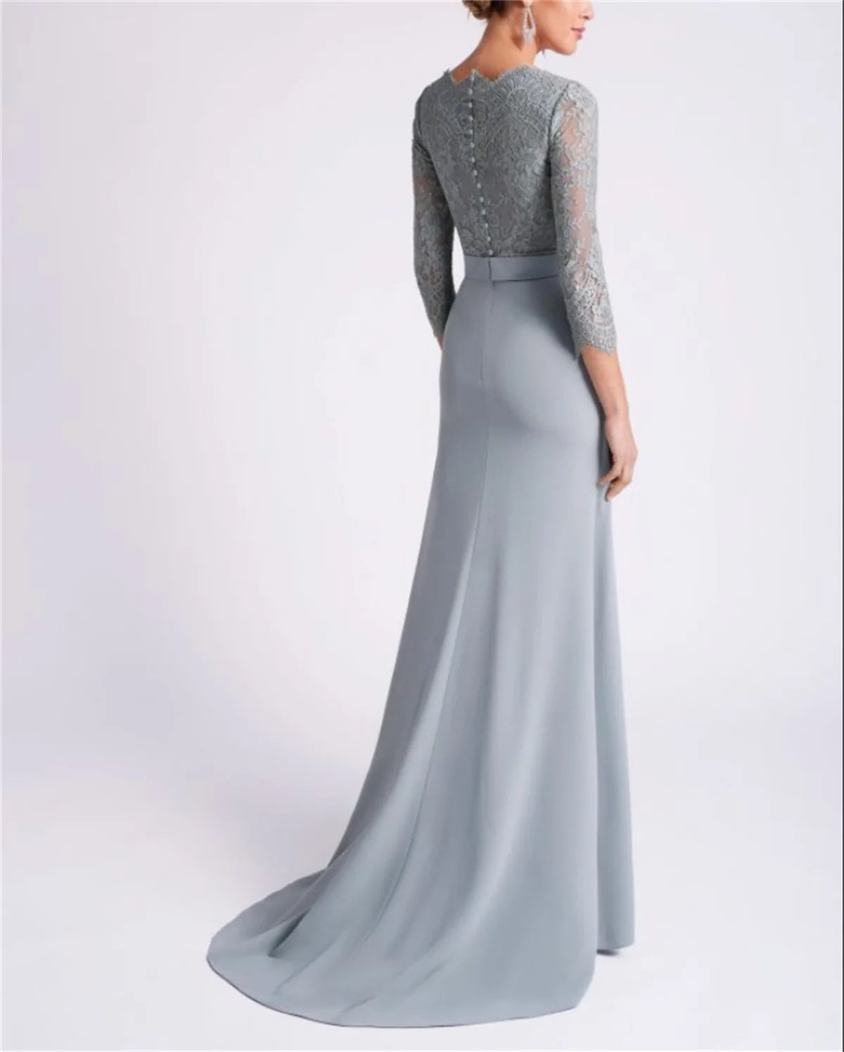 Elegant A-Line Grey Bridal Mother Prom Dress Sexy V-Neck 3/4 Long Sleeve Lace Saudi Arabia Evening Dress New Customفساتين سهرة