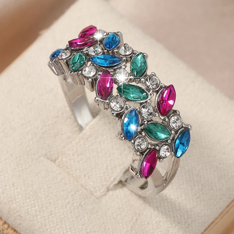New Bohemia Crystal Rainbow Ring Ladies Multi-color Luxury Combination Ring Personalized Women's Party Jewelry Gift