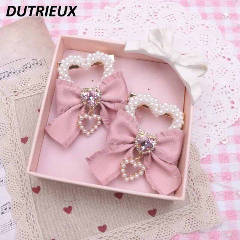 Sweet Lady Ruffled Bow Rhinestone Hair Accessories Handmade Beaded Love Pearl Pendant Barrettes Cute A Pair of Hairclips