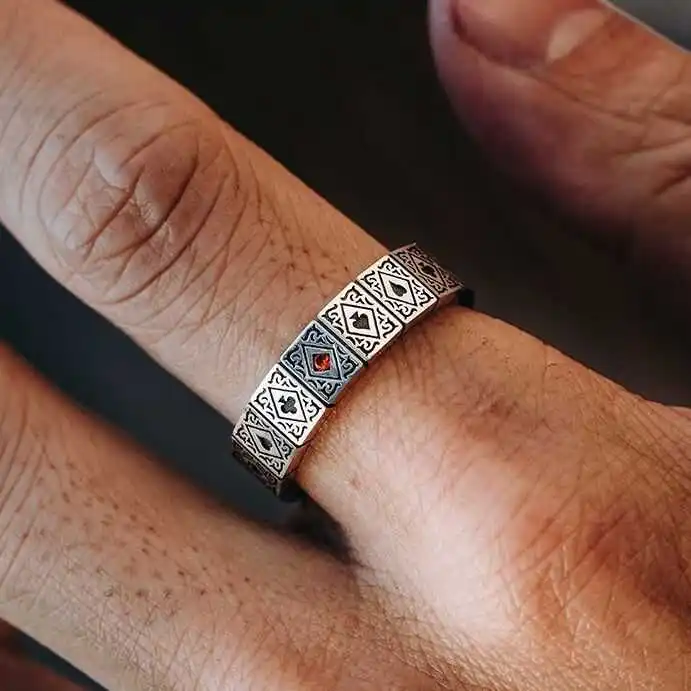 

WEIER Retro Pure Silver Poker Card Ring Men's Trendy Block Heart Spade Red Plum Blossom Ring High-End Design Fashion Jewelry