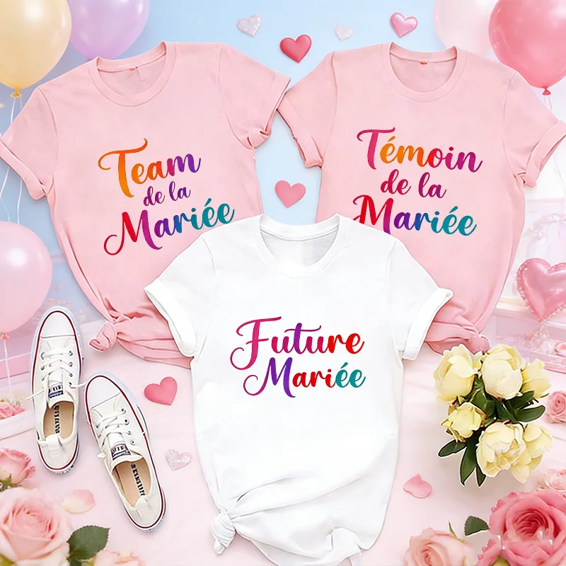 Future Bride Team Rainbow Gradient Print Wedding Tees Short Sleeve Tops for French Girls Single Farewell Party Bridal Shower