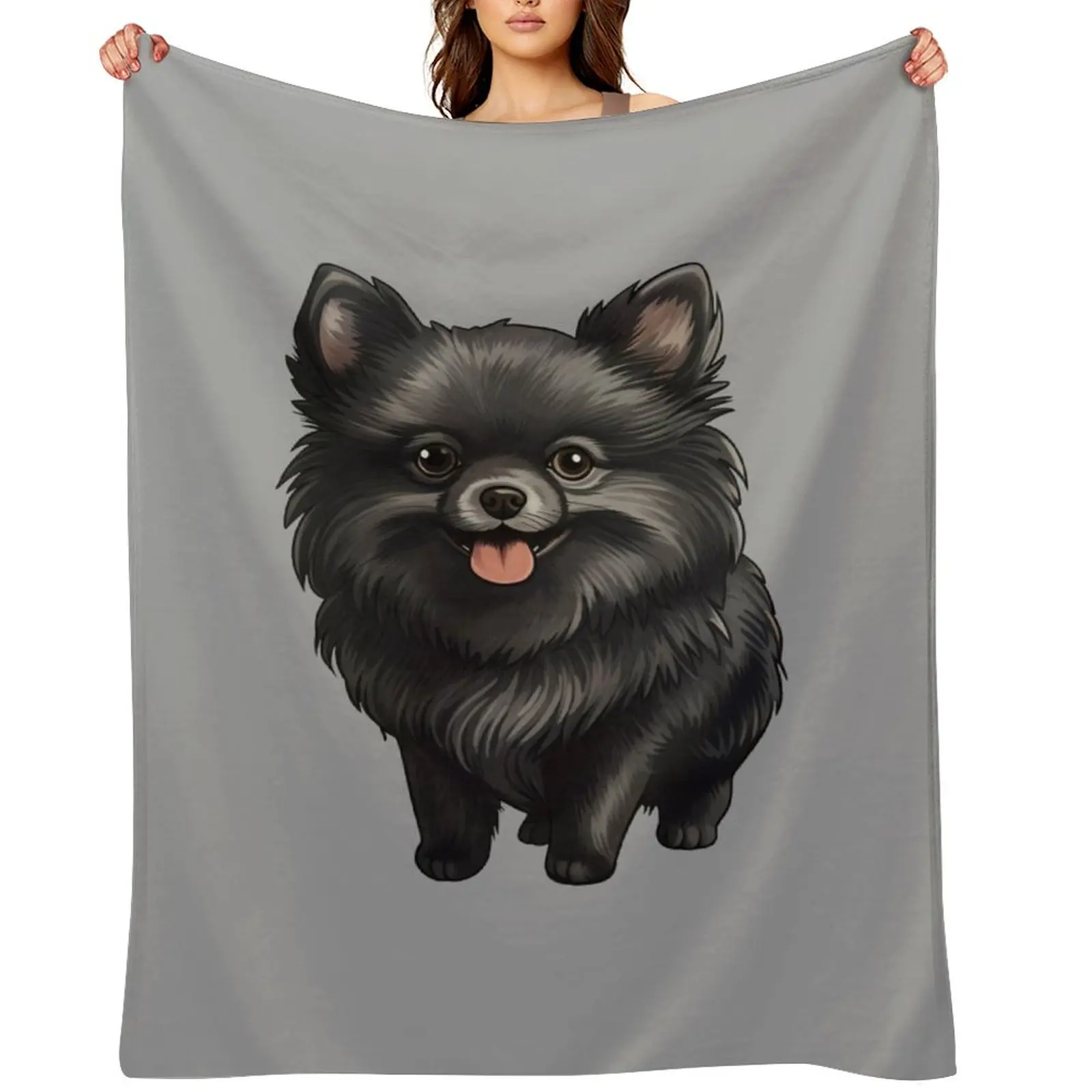 Cute Black Pomeranian Puppy Dog Drawing Throw Blanket Warm Shaggy Bed covers Decorative Sofa Blankets