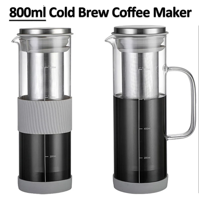 Portable Cold Brew Coffee Maker 800ml Large Capacity Glass Coffee Carafe Non-slip Silicone Bottom Airtight Lid Coffee Maker