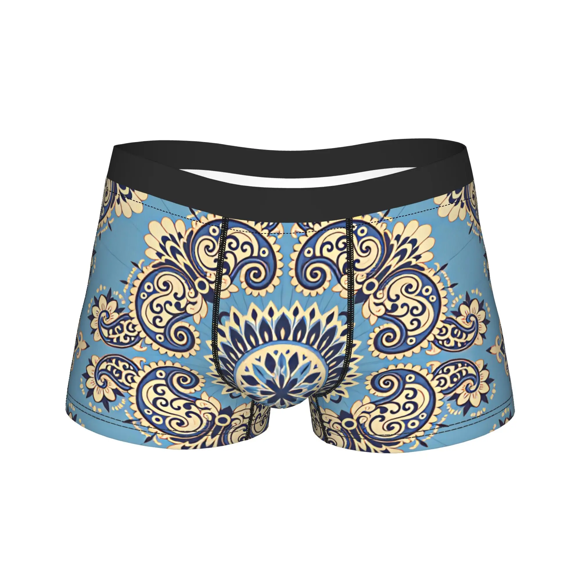 Blue Paisley Pattern Underwear  Novelty Underpants Print Boxer Brief For Men 3D Pouch Plus Size Boxershorts