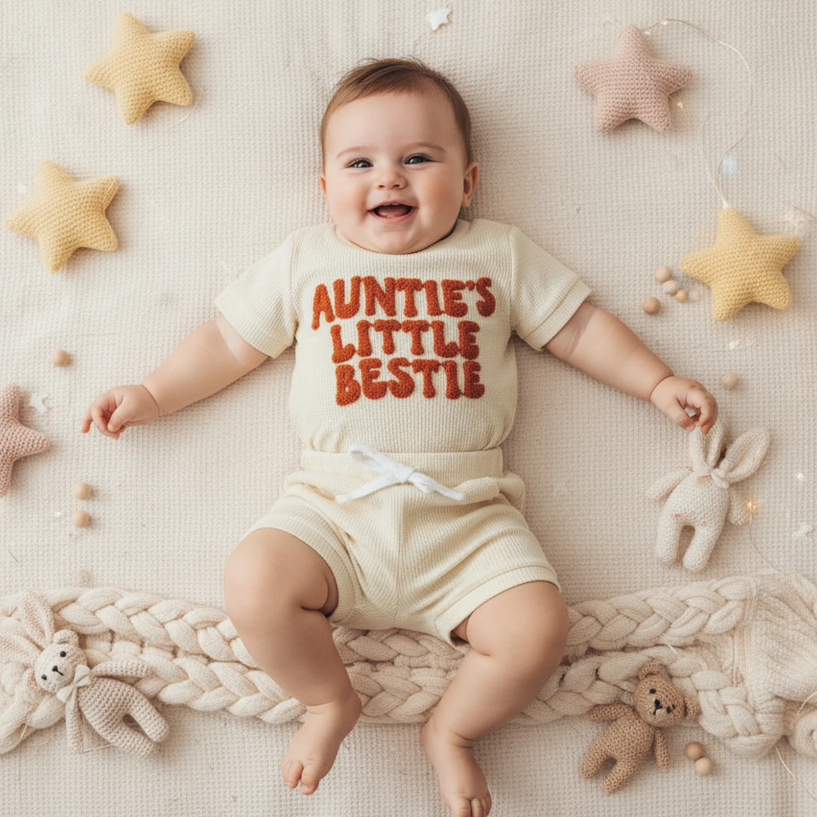 ملابس صيفية للأطفال الأولاد والبنات، شورت رومبير بأكمام قصيرة مطرز بحروف مكونة من قطعتين #3