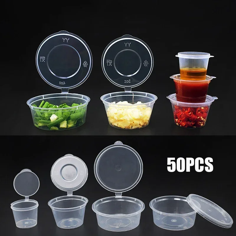 50pcs Disposable Sauce Containers Package Box&Lid Clear Portable Plastic Takeaway Sauce Cup Containers Food Box With Hinged Lids