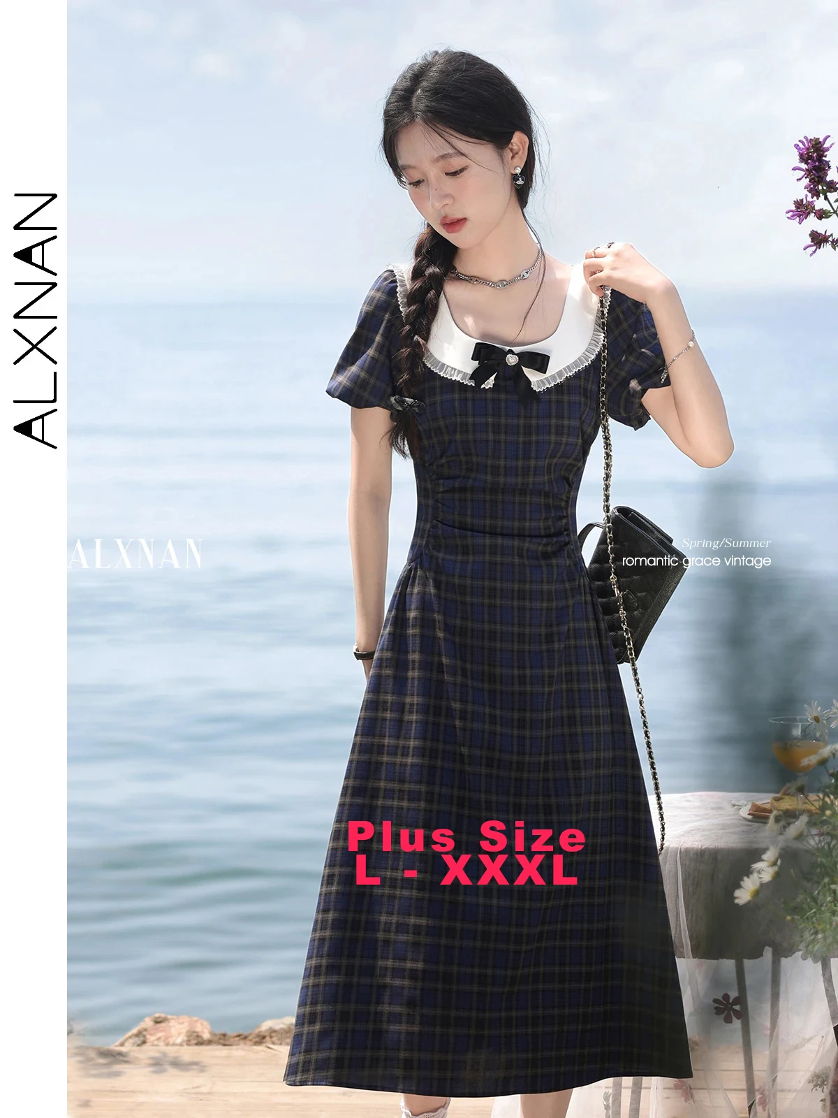 

ALXNAN Plus Size Plaid Dress Long Vintage Elegant Women's Dress 2025 Summer Holiday A-line Midi Casual Ladies Clothing D105151