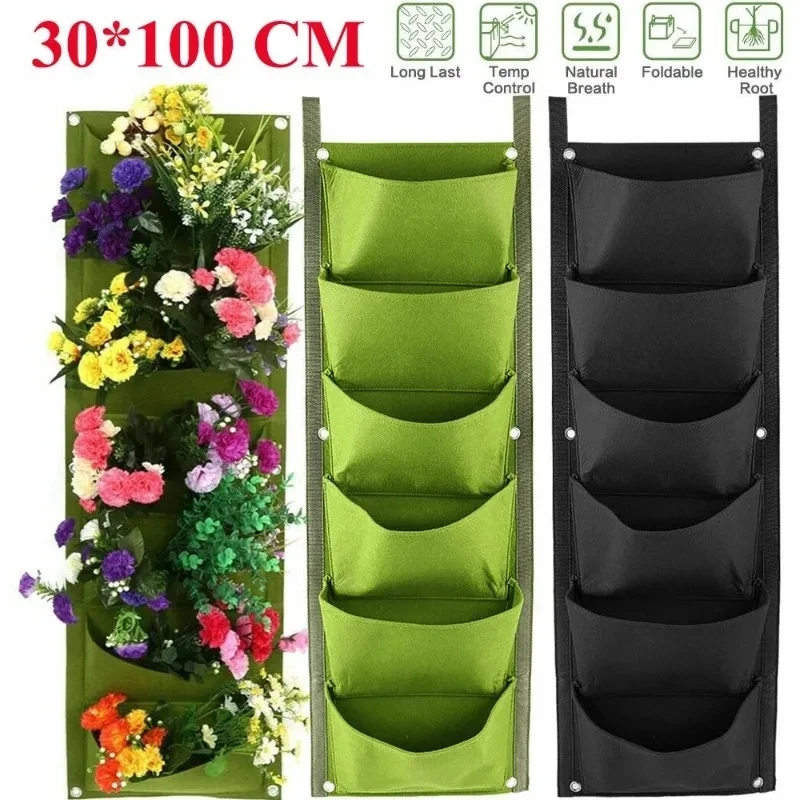 7 Pocket Vertical Growing Planting Bag Outdoor Felt Fabric Wall Hanging Garden Planter Pot Flower Vegetable Growing Container