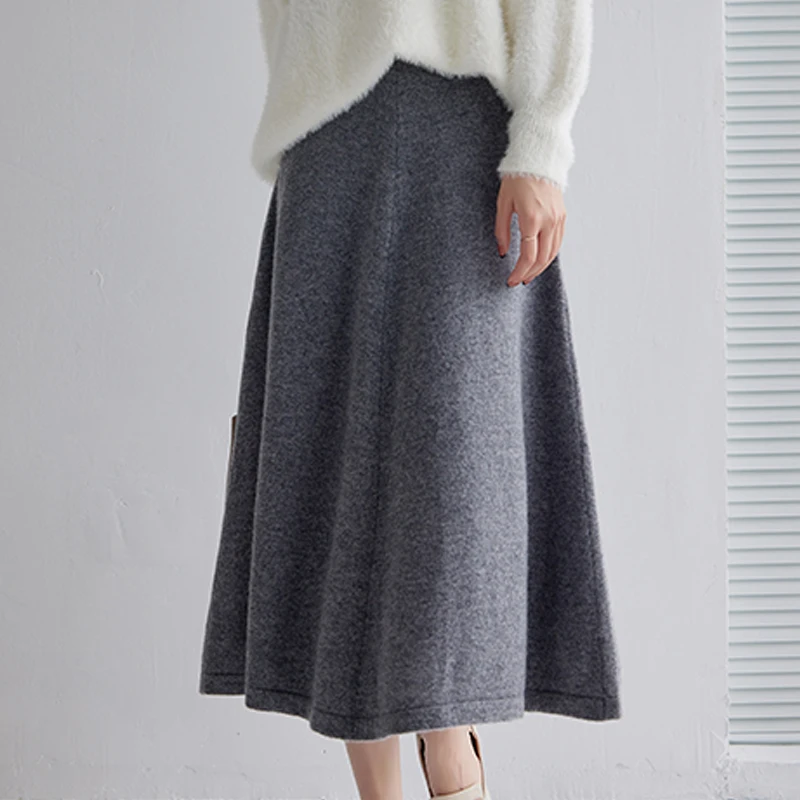 DjzDsm Autumn/Winter New 100% Pure Wool Atmosphere Loose mid-Length A-Line Elastic Waist Wool Knit Umbrella Skirt