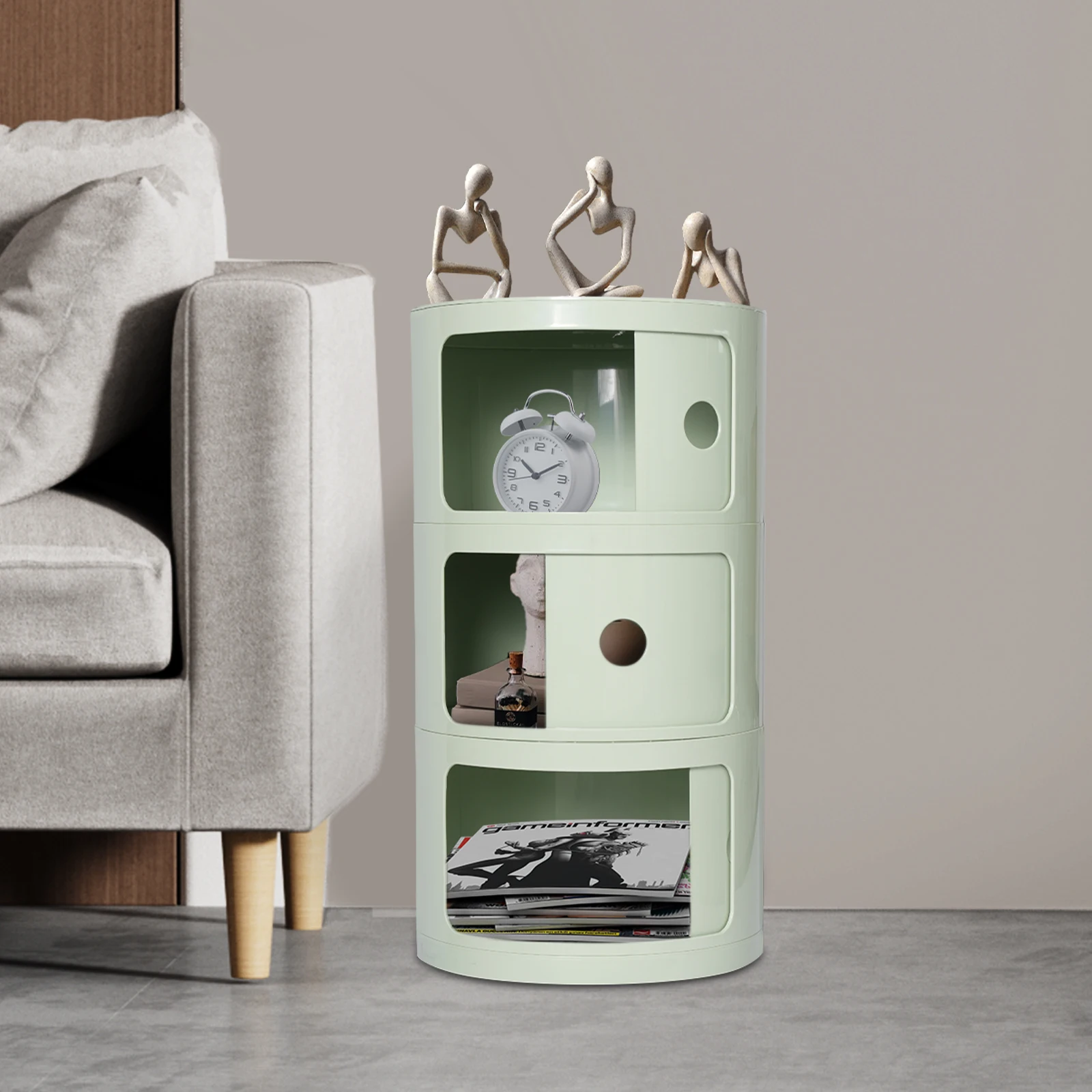 

3-Tier Floor Standing Minimalist Round Cabinet Round End Table Light-green with Storage Round Organizer Elevated Edges
