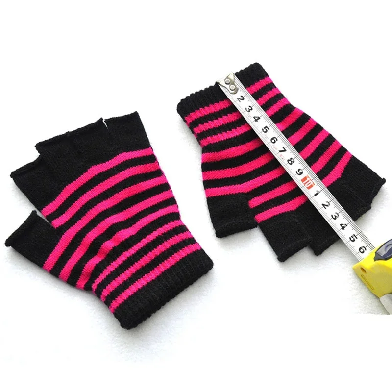1Pair Black Red Stripe Half Finger Fingerless Gloves for Women Men Knit Wrist Winter Warm Outdoor Gothic Lolita Style Mittens