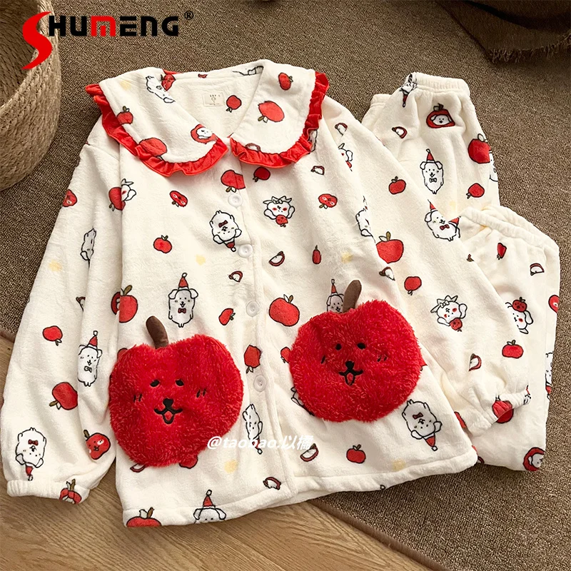 

Coral Fleece Bear Pajamas Set for Women Autumn Winter Thickened Loose Homewear Set Female Flannel Sweet Sleep Underwear Suits