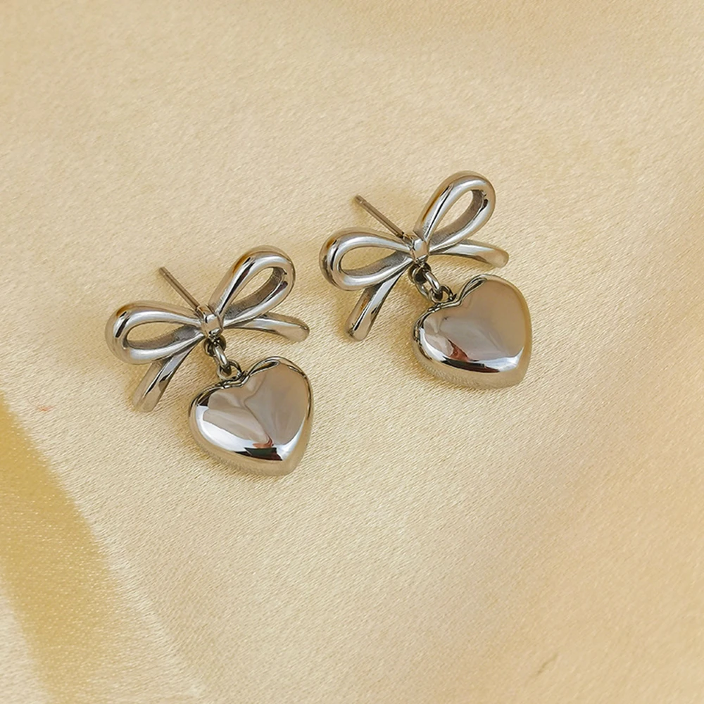 Y2K Bowknot & Puffed Heart Charms Drop Earrings Minimalist Elegant Jewelry Sweetheart Bow Grunge Gothic Earrings for Women