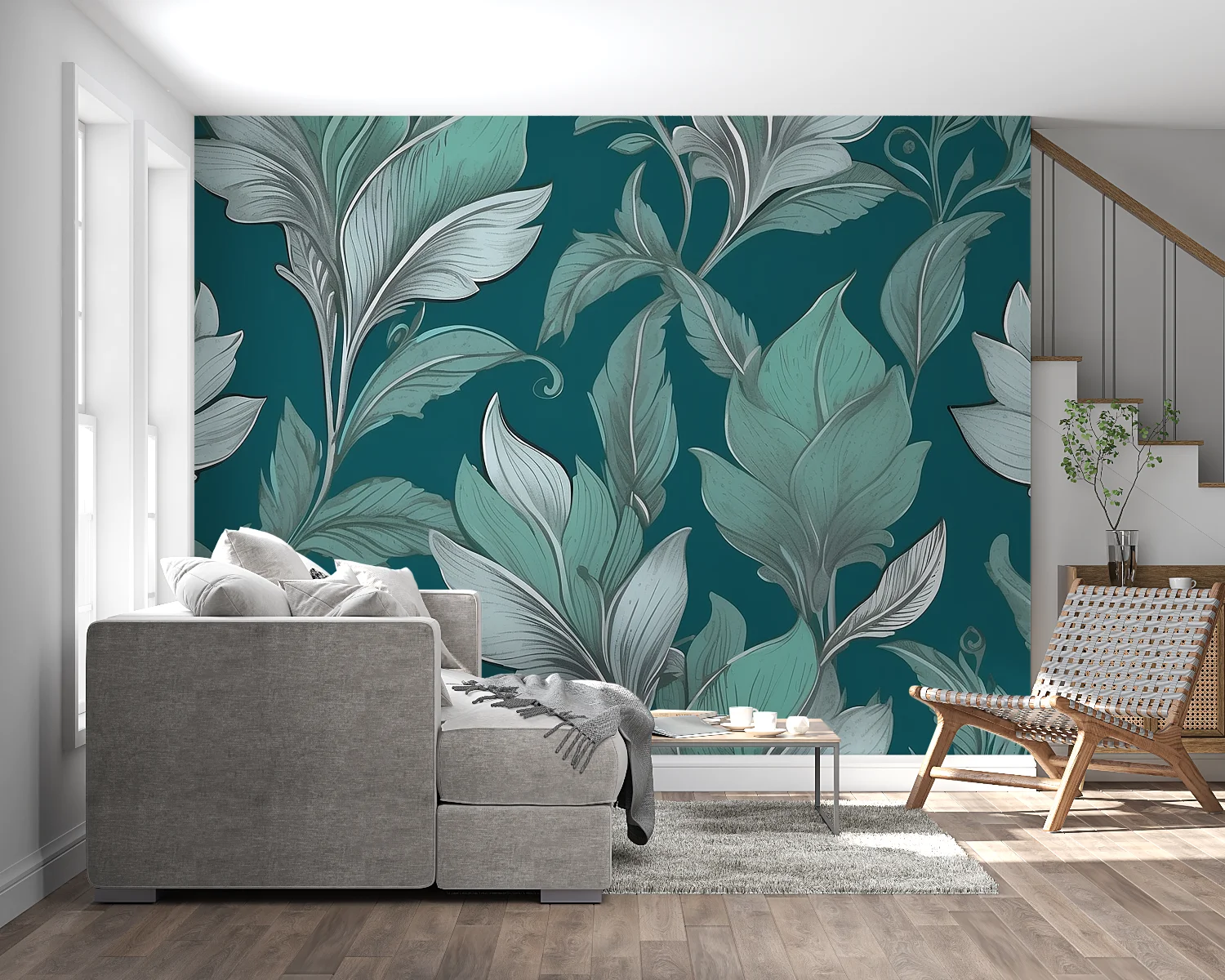 Customized mural hand-painted blue banana tree palm leaf wallpaper home decoration living room bedroom decoration painting mural