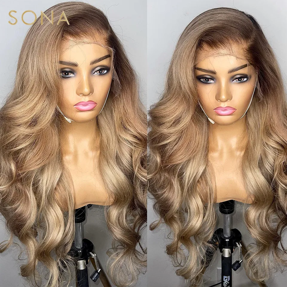 13x6 HD Transparent Lace Frontal Wig Pre Plucked Ombre Honey Blonde Lace Front Wigs Colored Human Hair Wigs with Brown Root