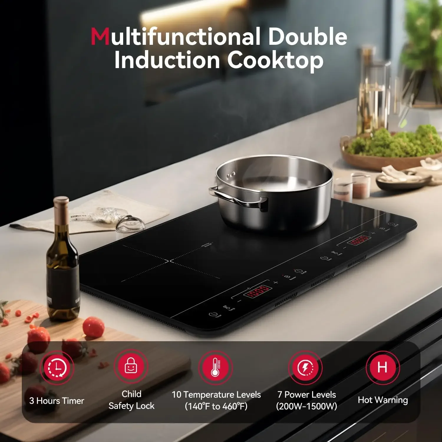 Portable Induction Cooktop 2 Burners, 1800W Double Induction Cooktop with 10 Temperature 7 Power Settings, Dual Induction Cooker