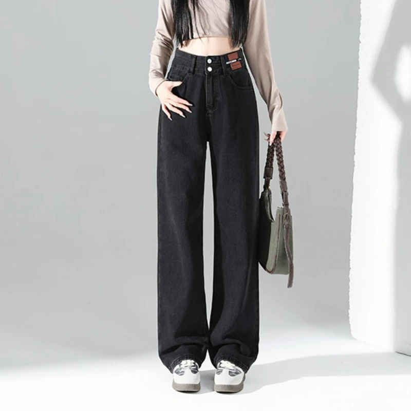 

Autumn New Women's High Waist Retro Loose Slimming Design Leather Label Wide Leg Straight Jeans Nine Points Extended