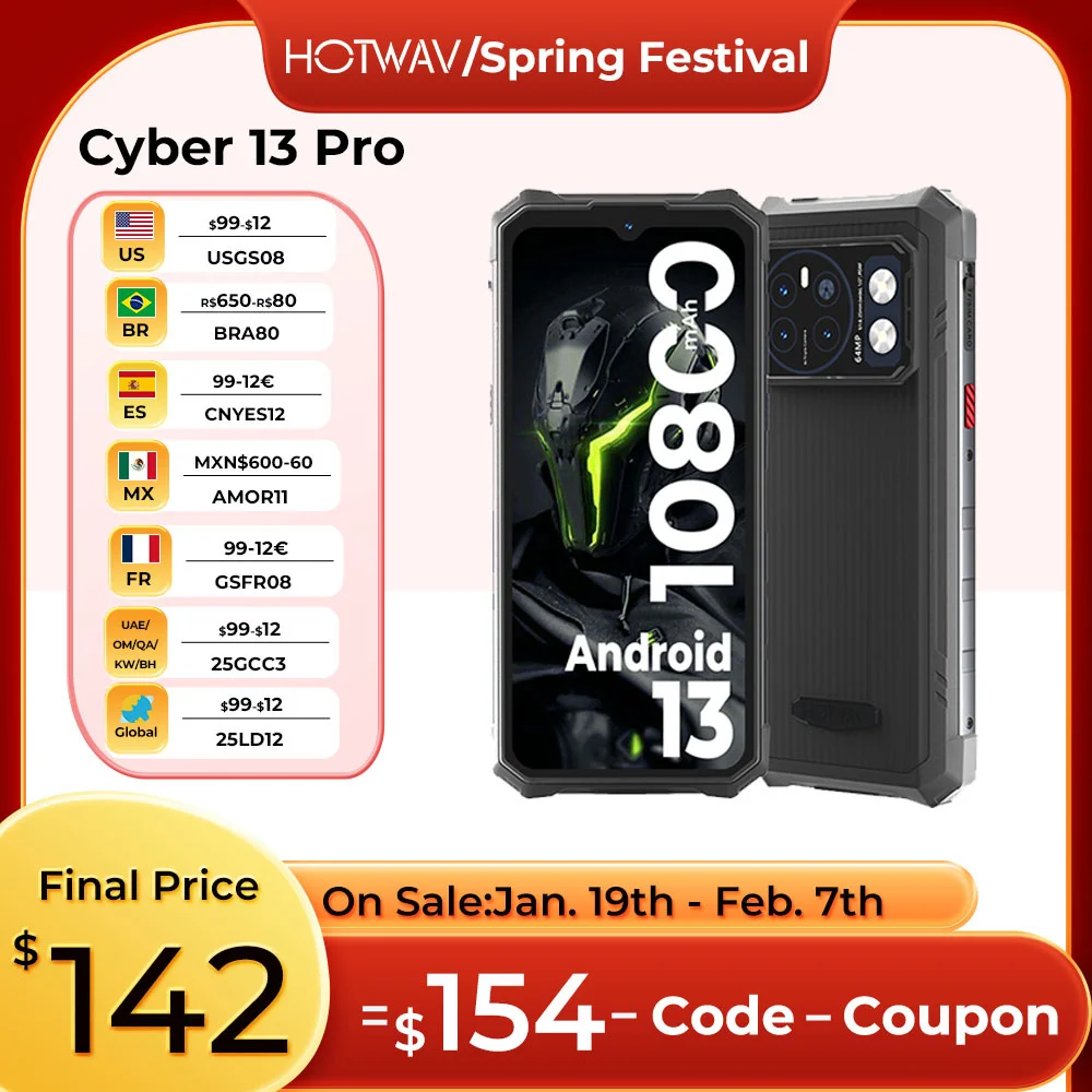 Прочные смартфоны HOTWAV Cyber 13 Pro, Android 13, 20 ГБ + 256 ГБ, мобильный телефон, фонарик 150 лм, 10800 мАч, 16 МП + 64 МП, камера, мобильные телефоны