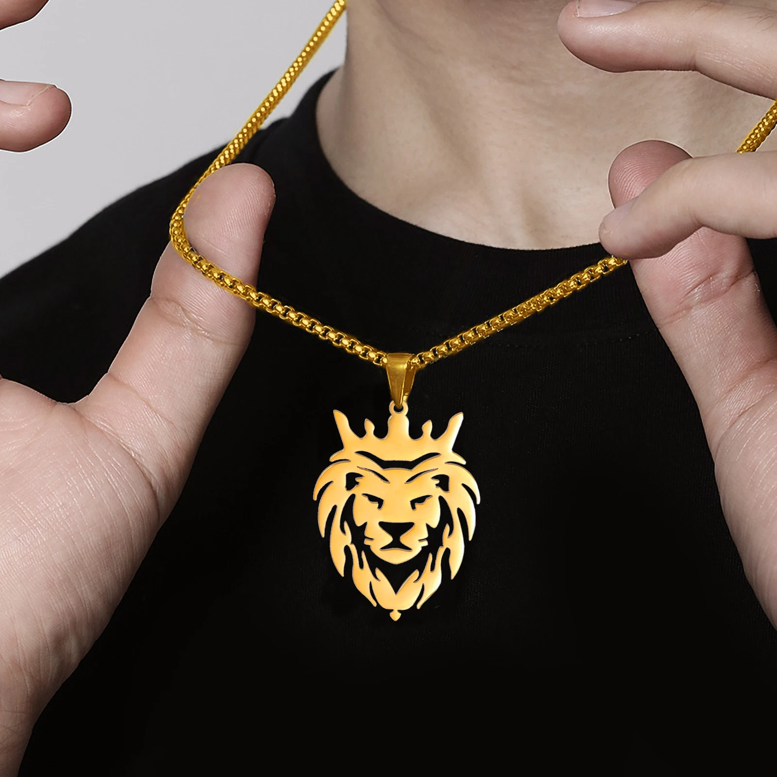 My Shape Stainless Steel Lion Pendent Necklaces for Women Men Punk Animal Lion King Crown Charm Chains Hip Hop Rock Jewelry Gift