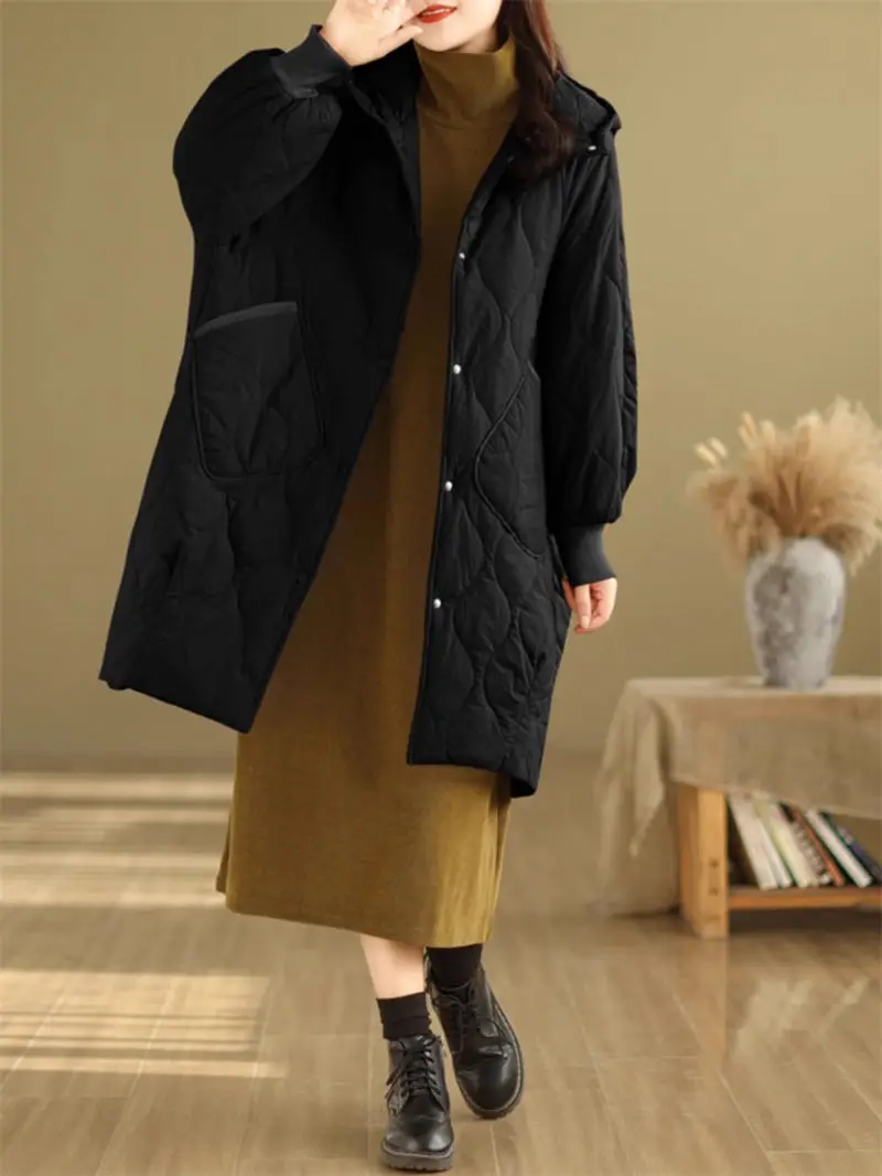 2023 Winter Oversized Mid length Down Cotton Coat Korean Edition Loose Hooded Warm Padded Jacket For Women Casual Overcoat Z4202