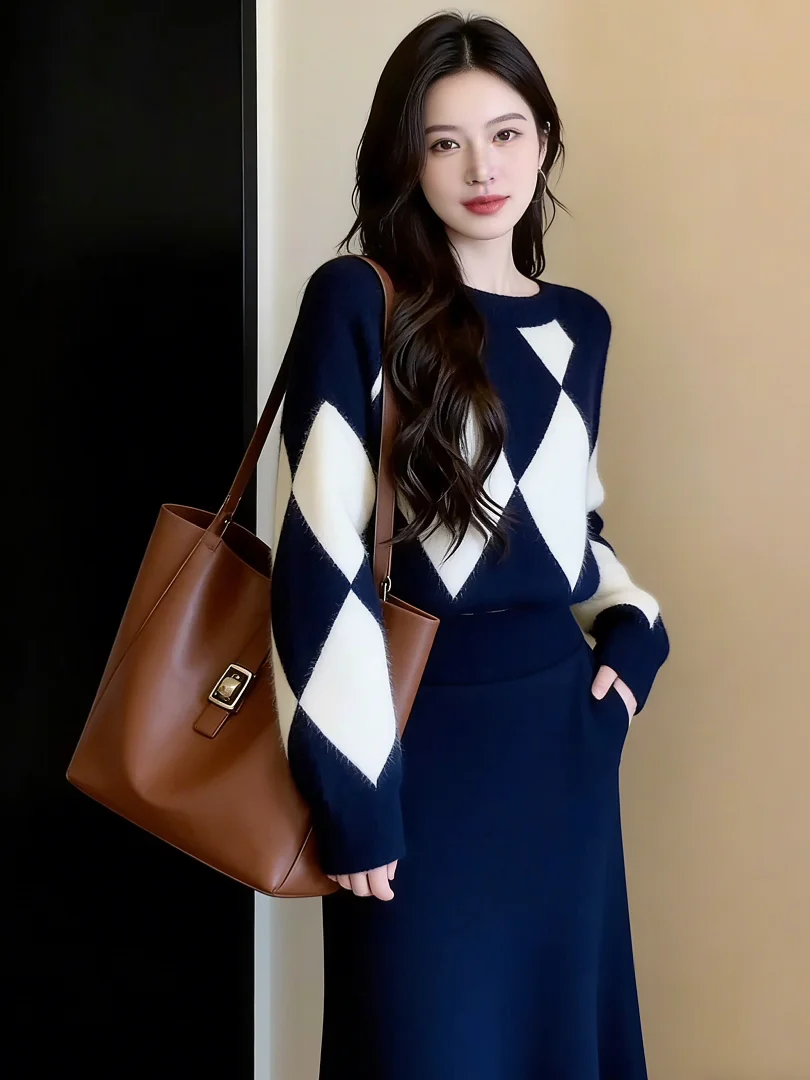 

Soft Wind k Blue Knitted Set Vintage Personali Two-Piece Long Sve Long Dr Godd Sle Casual Spring Faion Wome...