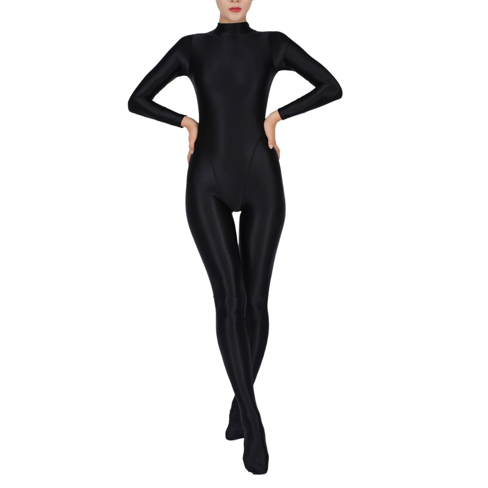 

Womens Solid Color Bodystocking Gym Yoga Tights Bodysuit Long Sleeve Footed One Piece Jumpsuit for Club Dance Wear Sportwear