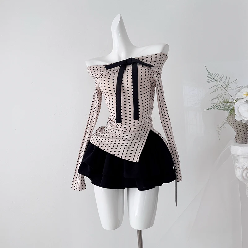 2 Piece Sets Outfits French-style Polka Dot Bow-front One-shoulder Tops and Elastic High Waist A-line Mini Skirt with Shorts
