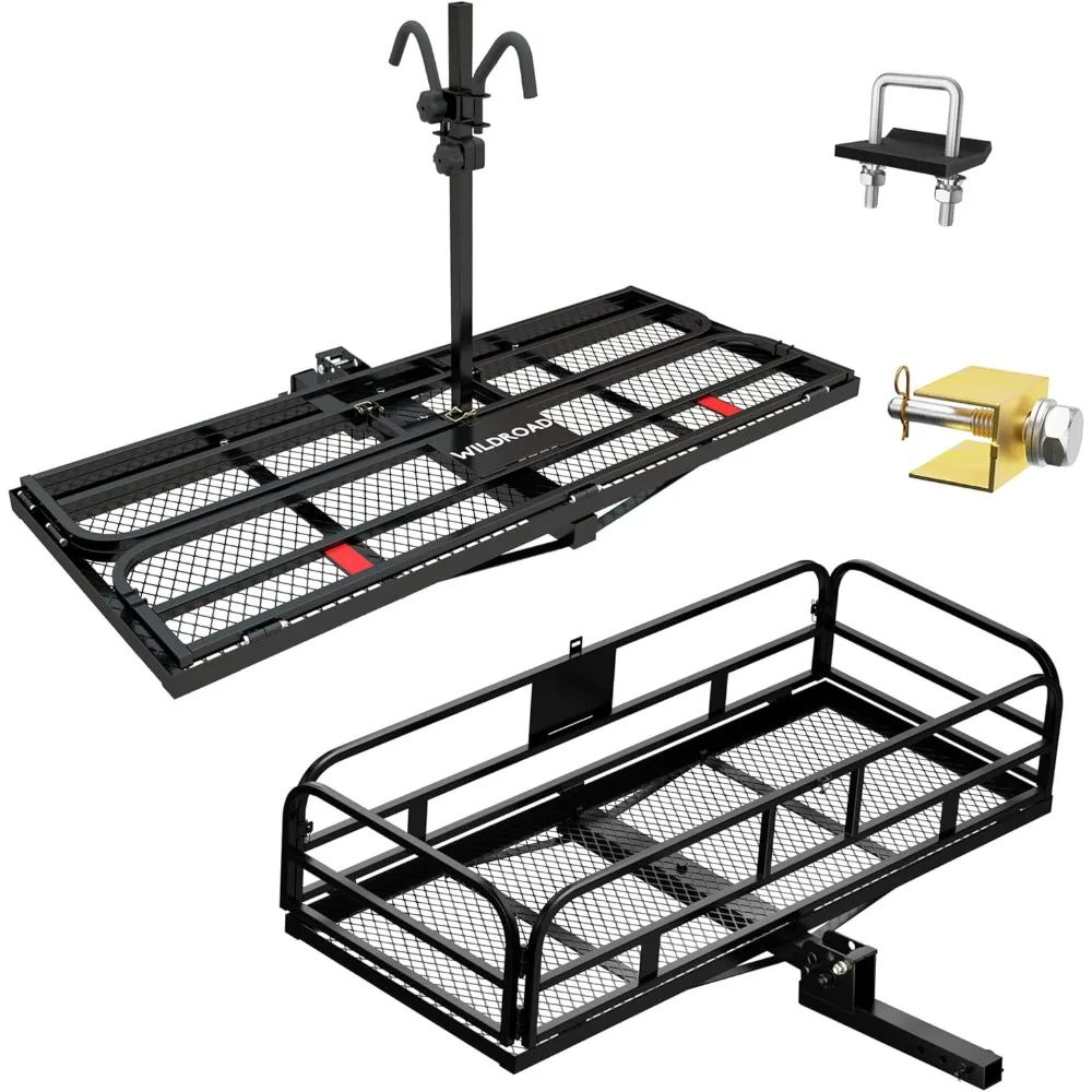 Hitch Cargo Carrier with Bike Rack , Hitch Mount Cargo Carrier 2 Bikes 500 LBS Capacity Folding Hitch Bike Rack for Standard