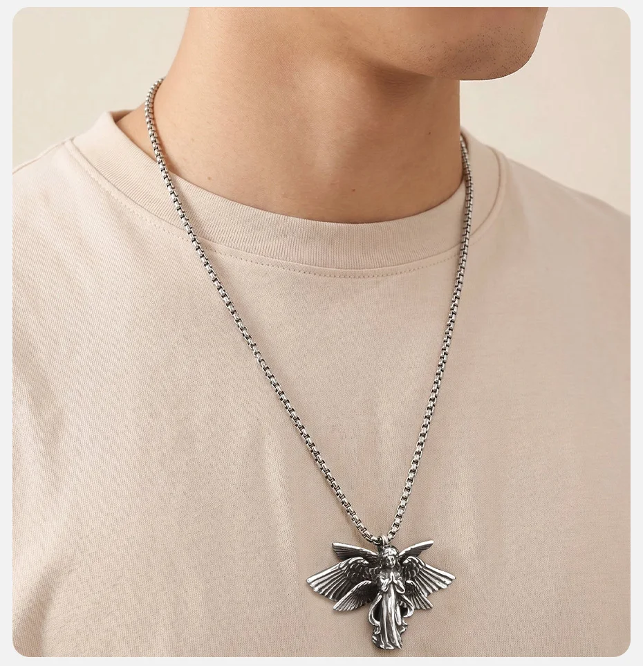 Vnox Edelstahl-Halskette mit sechs Engelsflügeln für Herren, dunkle Gothic-Biker-Kette, silberfarben, Punk-Schmuck, Geschenke – Detail 3